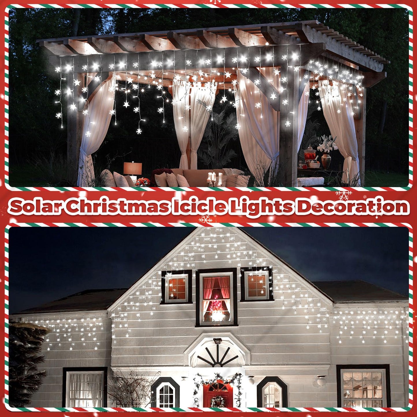 Newhale 30.5FT Solar Christmas Icicle Lights for Outside, 8 Modes Snowflake & Star Eaves Christmas Decorations, Waterproof Outdoor Solar String Lights Decor for Gazebo, Patio (White)