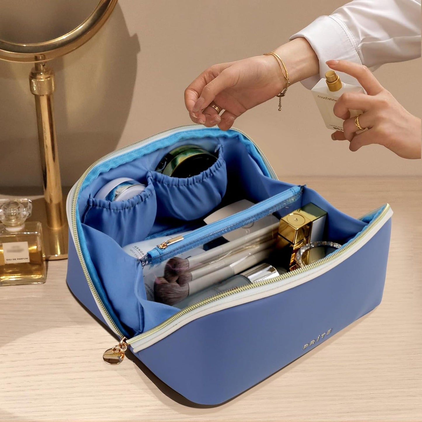 Prite Large Capacity Makeup Bag Portable Travel Cosmetic Bag Waterproof Toiletry Case with Clear Divider and Handle (Blue)