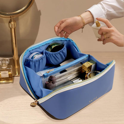 Prite Large Capacity Makeup Bag Portable Travel Cosmetic Bag Waterproof Toiletry Case with Clear Divider and Handle (Blue)