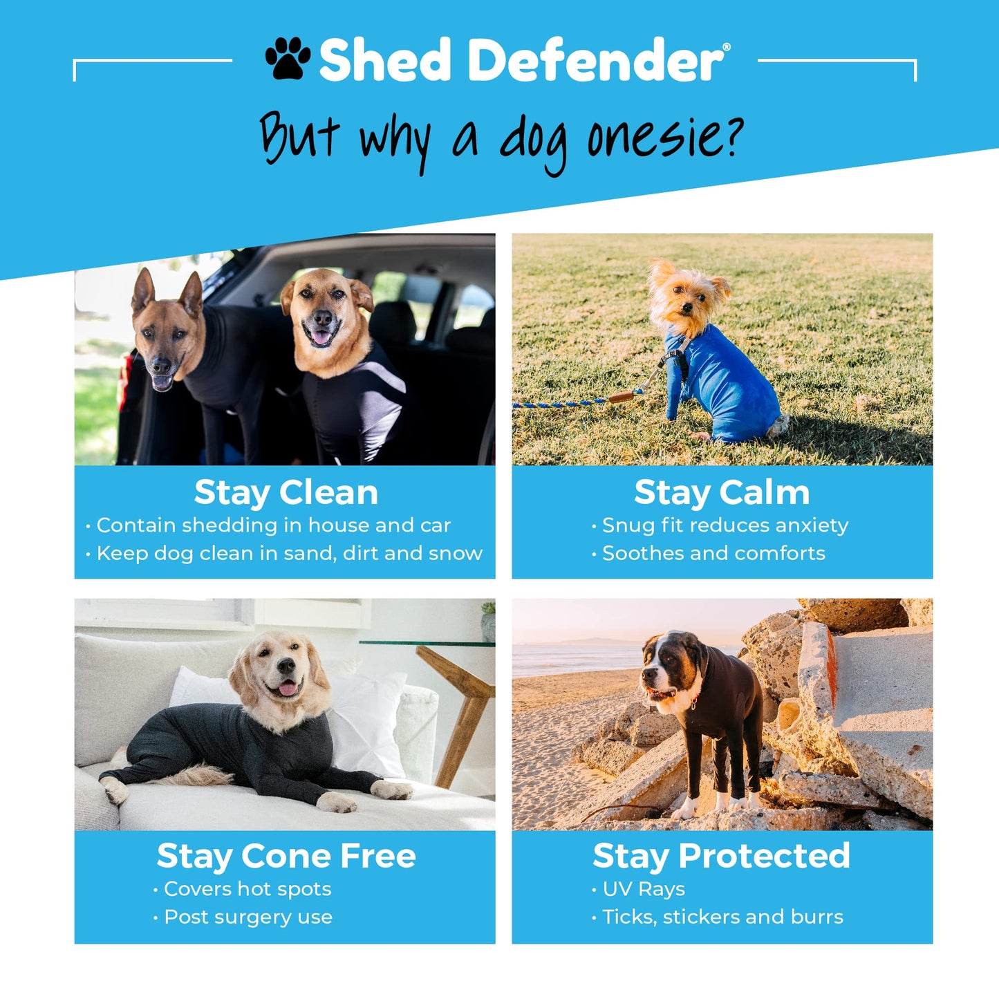 Shed Defender Bodysuit for Dogs - Original Dog Onesie Shedding Shirt - Seen on Shark Tank - Contains Dog Hair, Anxiety Calming Surgery Recovery Suit - Vet Approved
