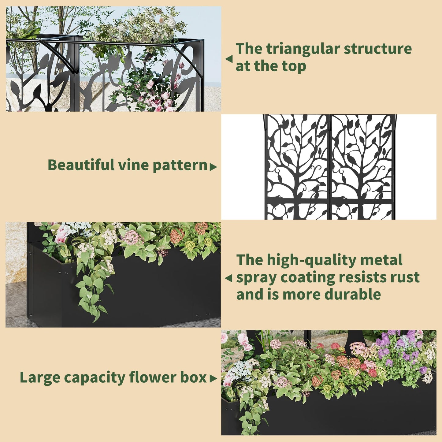 Furtivusia Metal Planter Box with Trellis, Tall Raised Garden Bed for Patio, Outdoor Privacy Planters for Climbing Plants, Vegetables, Fruits, Balcony, Outside, 62.4 x 12.2 x 44.6 Inch, Black