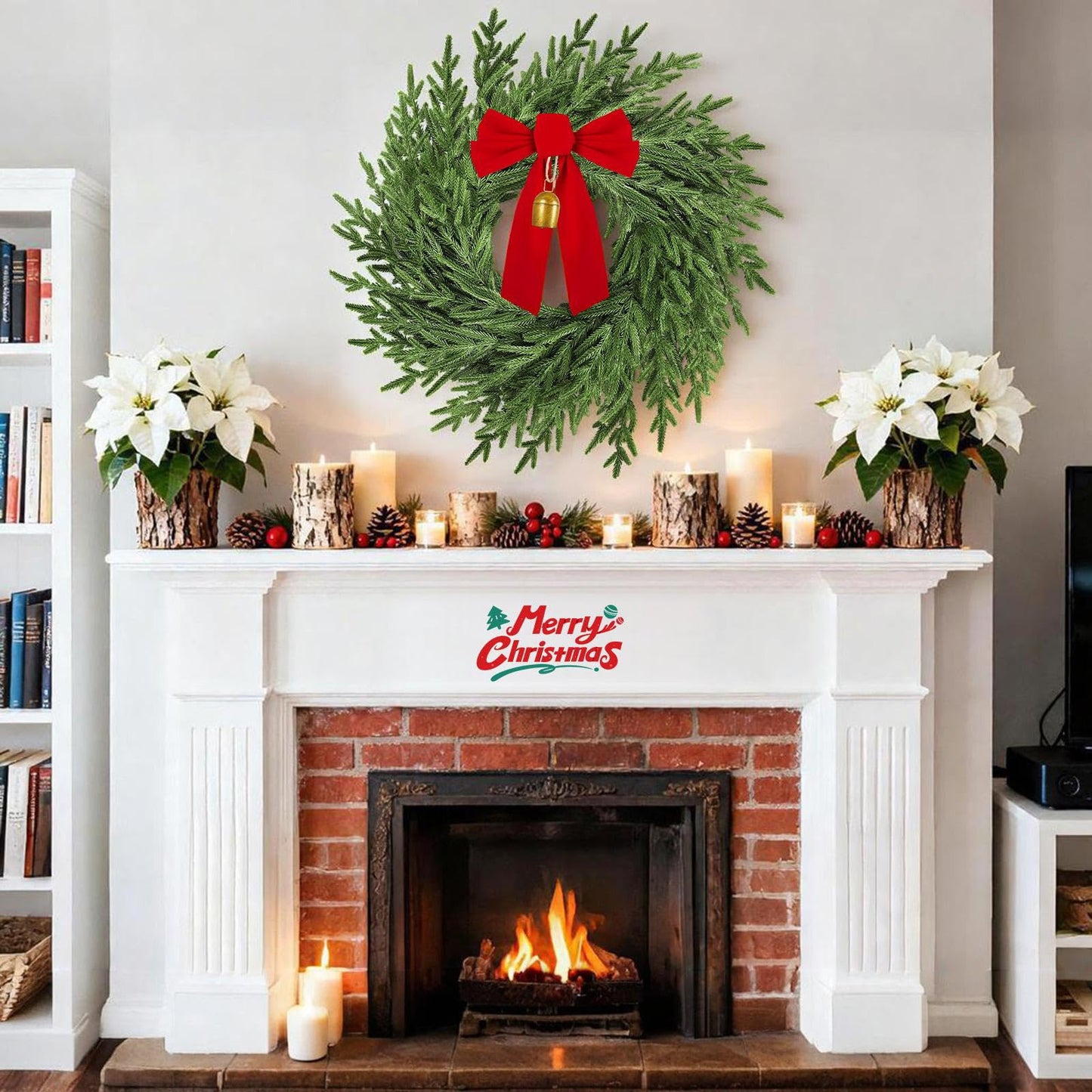 AMORISE 26" Christmas Wreath for Front Door, Artificial Wreath with Bow and Bell,Real Touch Pine Winter Wreath Christmas Decoration for Porch,Window,Wall,Thanksgiving Day Harvest Festival