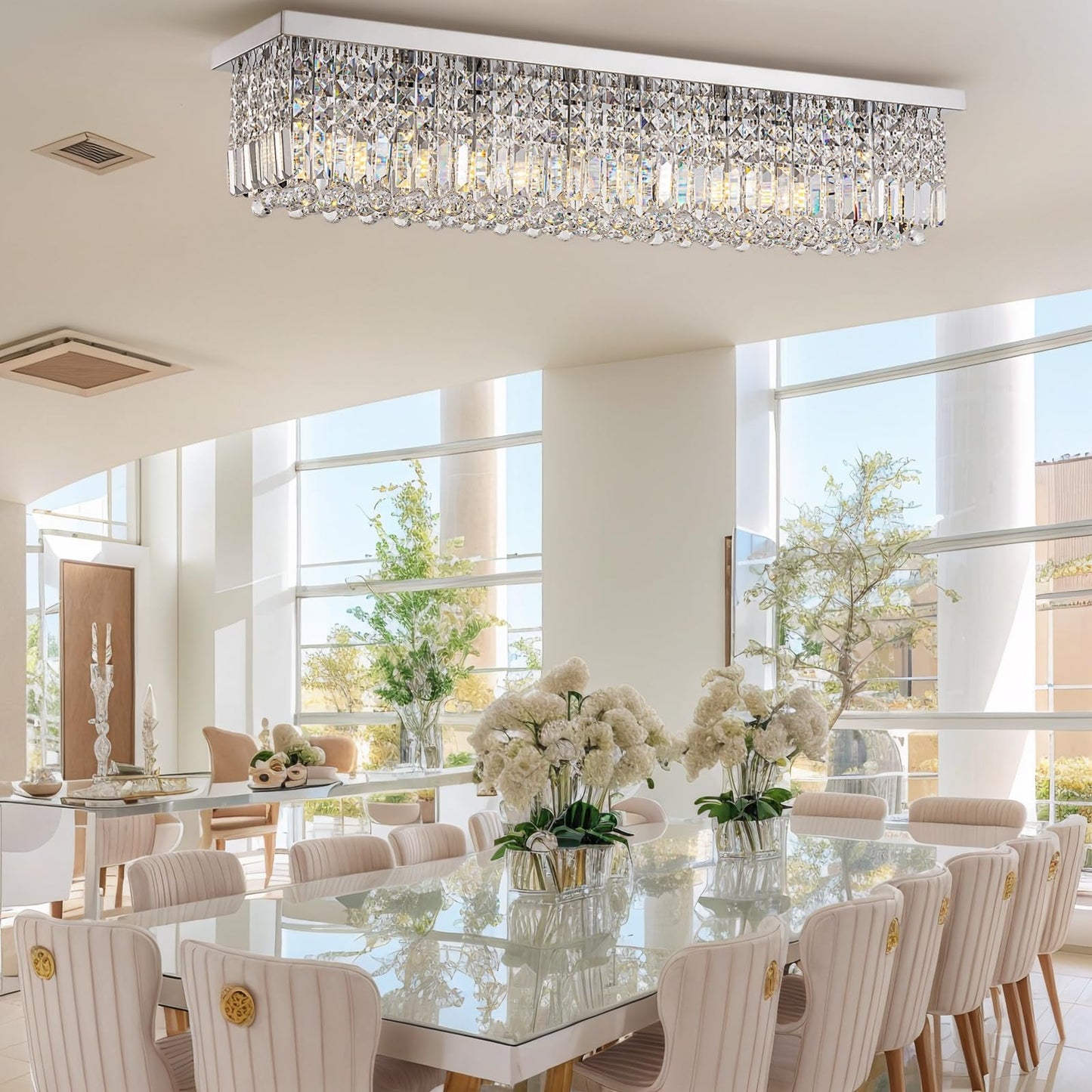 𝐋𝟒𝟎 𝐈𝐧𝐜𝐡 Modern Crystal Chandelier, 8-Lights Rectangle Chandelier Rectangular Flush Mount Pendant Ceiling Light Fixture K9 Crystal Raindrop Chandeliers for Dining Living Room Kitchen Island