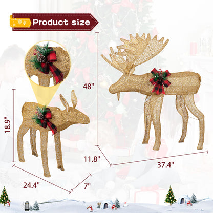 Shintenchi 2 pcs Lighted Christmas Deer Family, Outdoor Yard Decoration with 170 LED Lights, Zips, Tiers Pre-lit Glittered Standing Ornaments for Home Holiday Decor