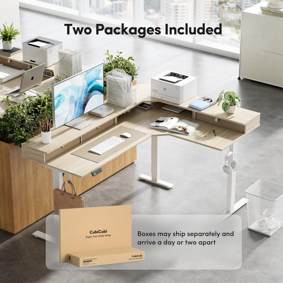 CubiCubi L Shaped Standing Desk with Drawers 63 x 48 Inch Adjustable Height, Electric Corner Desk with Storage, Sit Stand Home Office Desk with Splice Board, Light Walnut