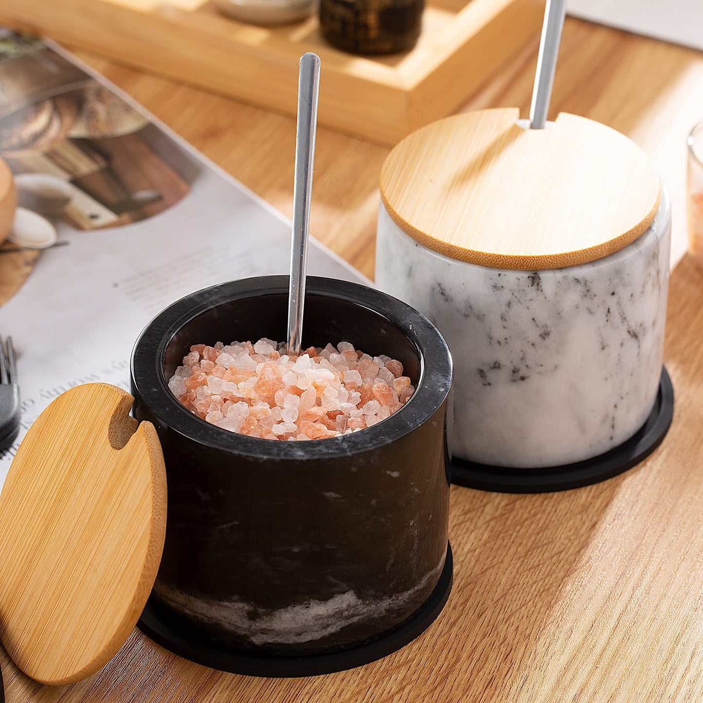 NHKRTE 15 Ounce Marble Salt Shaker with Lid and Spoon, white