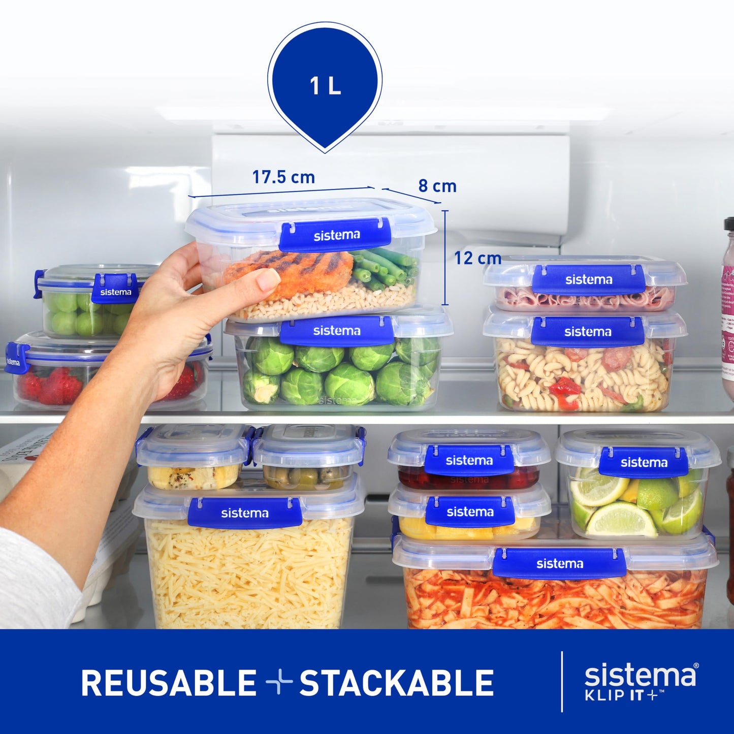 Sistema KLIP IT PLUS Leakproof Food Storage Containers | 1 L | Airtight, Stackable & Nestable Meal Prep Containers with Lids | School Lunch Boxes | 3 Count