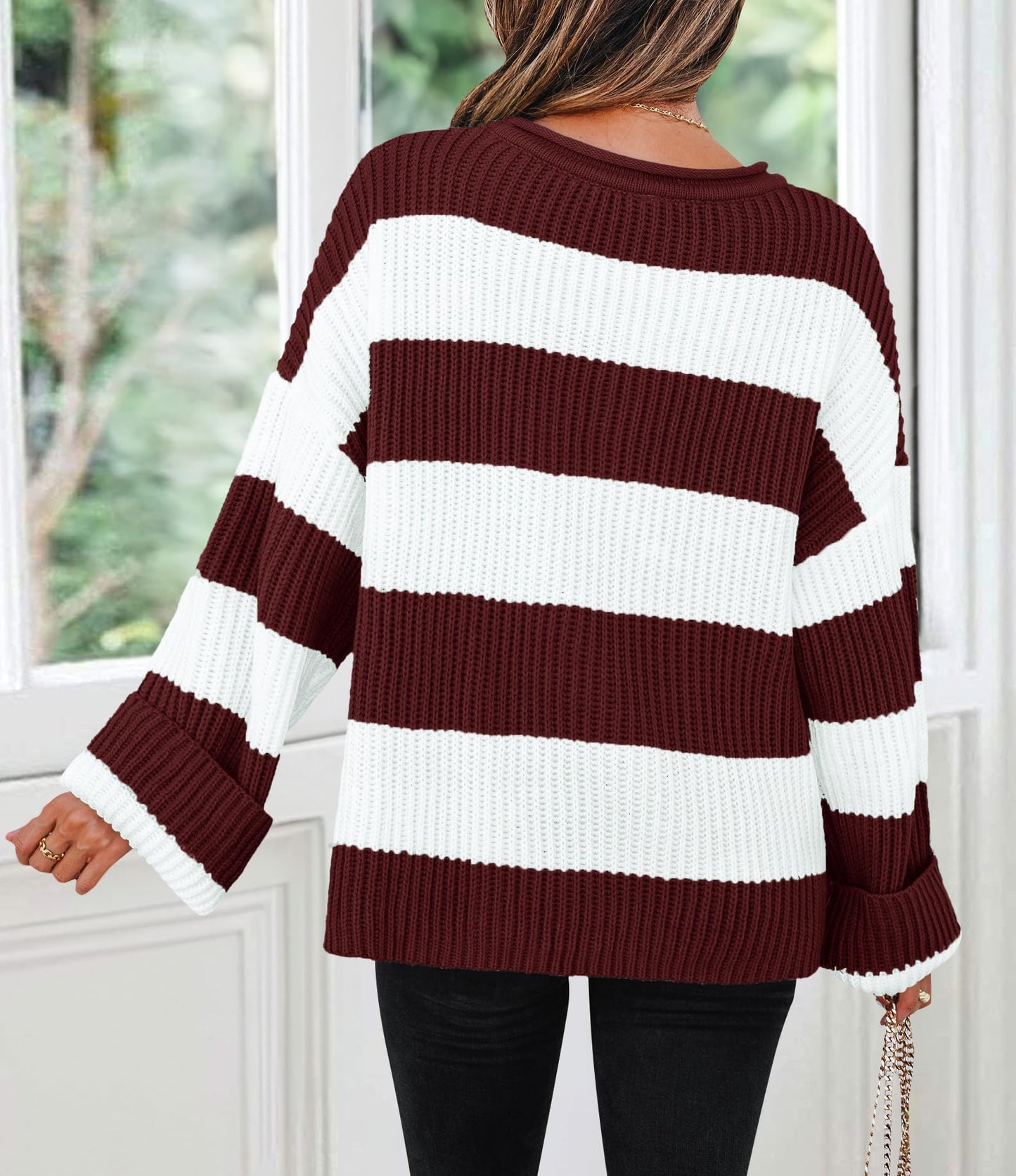 ZESICA Women's 2025 Fall Long Sleeve Oversized Striped Color Block Comfy Loose Crew Neck Knitted Pullover Sweater