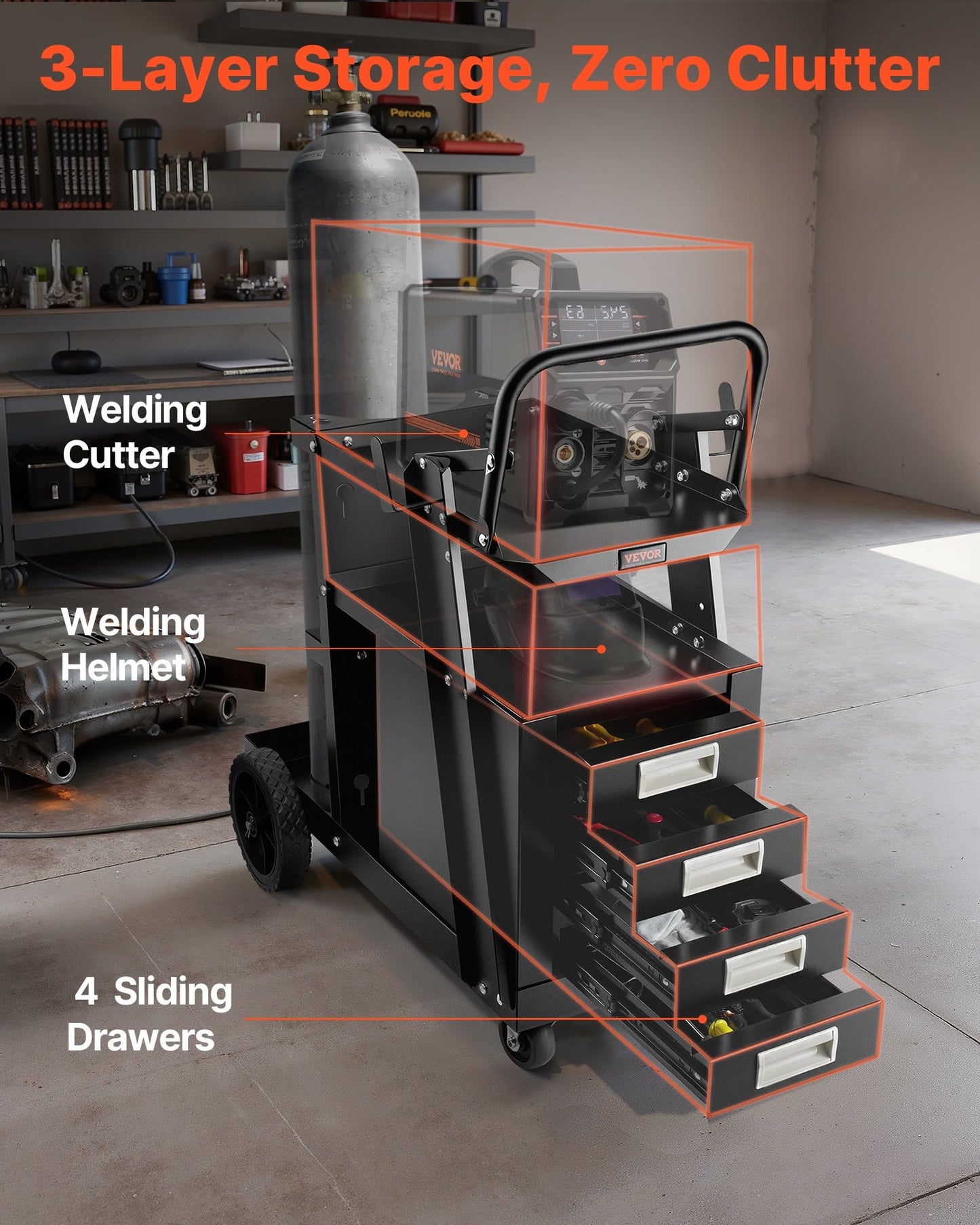VEVOR Welding Cart, 2-Tier 4 Drawers Welder Cart with 265 LBS Weight Capacity, 360° Swivel Wheels, Tank Storage Safety Chains, Heavy Duty Rolling MIG Welder Cart for Mig Welder and Plasma Cutter