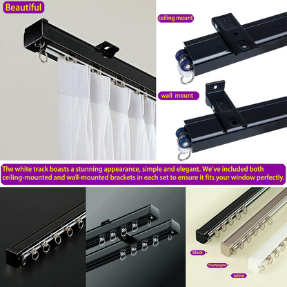 Ceiling Curtain Tracks Wall Mounting Curtain Rails Room Divider Sliding Curtain Rail With Silent Bearing Pulley (Black-2M(1M*2）)