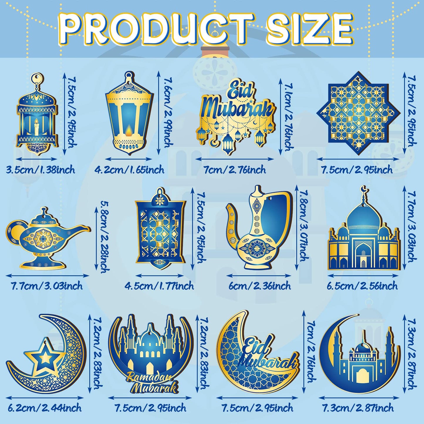 Patelai 36 Pcs Ramadan Ornaments for Tree Wooden Eid Mubarak Tree Decoration Blue and Gold Castle Lantern Star Islamic Hanging Decor Moon with Rope for Home Decor Party
