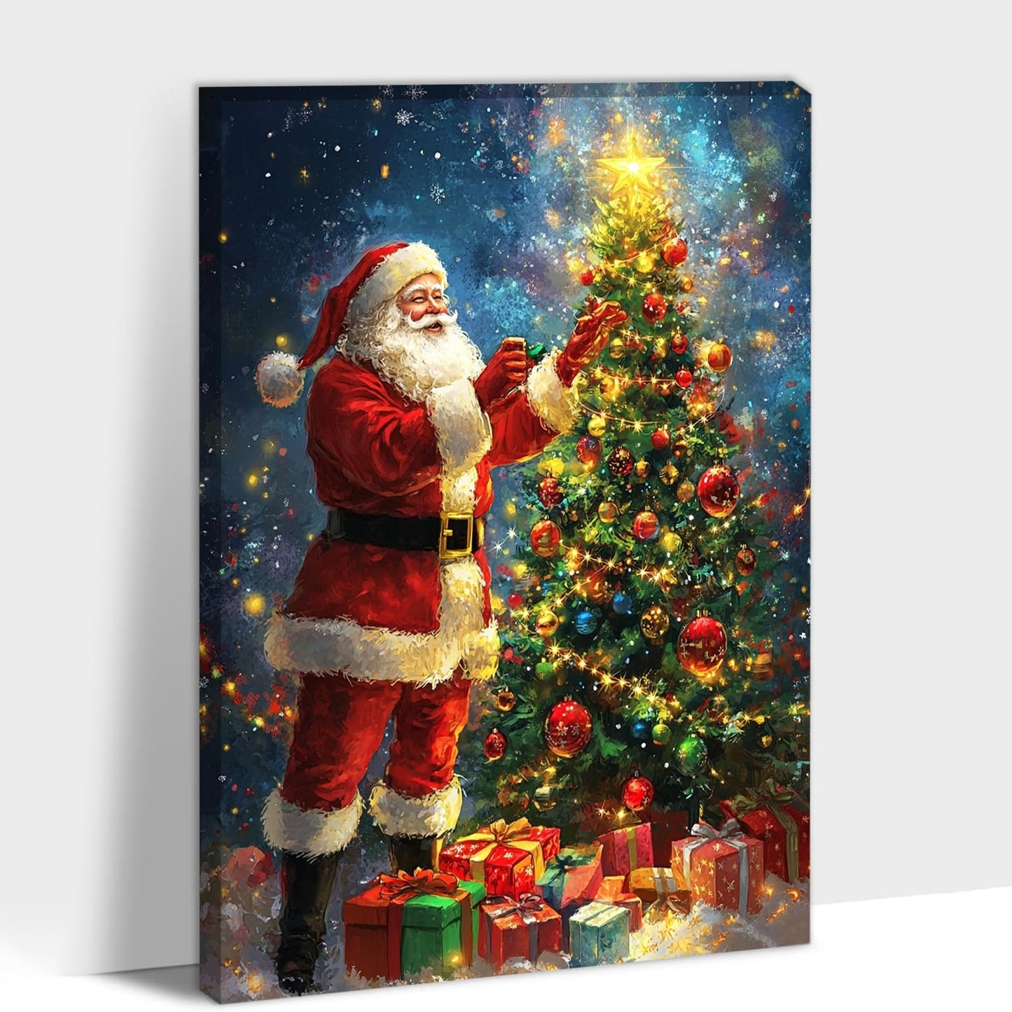 GUTTATY Christmas Canvas Wall Decor, Santa Canvas Wall Art, Lighted Christmas Tree Pictures Wall Decor, Christmas Theme Posters Framed, Xmas Canvas Artworks for Living Room 18x24 Inch