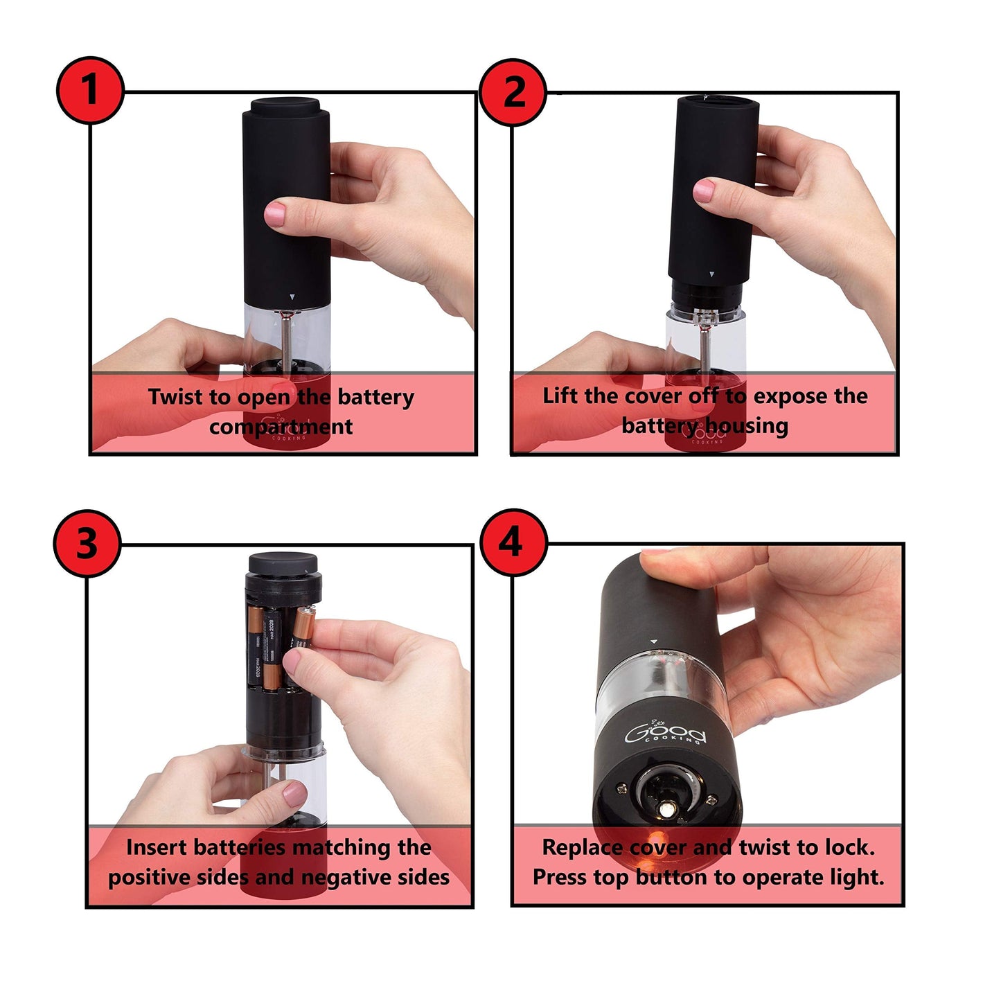 Electric Pepper Grinder and Salt Mill- Battery Operated One-Handed Spice Dispenser w LED Light & Adjustable Coarseness- Premium Kitchen Upgrade w Strong Ceramic Blades -Matte Black, Batteries Included