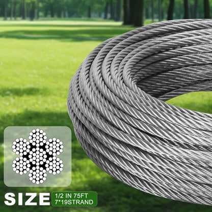 Mariocsa 1/2" Stainless Steel Cable 75FT, 7x19 Strands Wire Rope Cable with 23000 lbs Breaking Strength, Stainless Steel Wire Rope with M12 Clips Clamp and Thimbles for Boat Lift Cable, Winch Cable