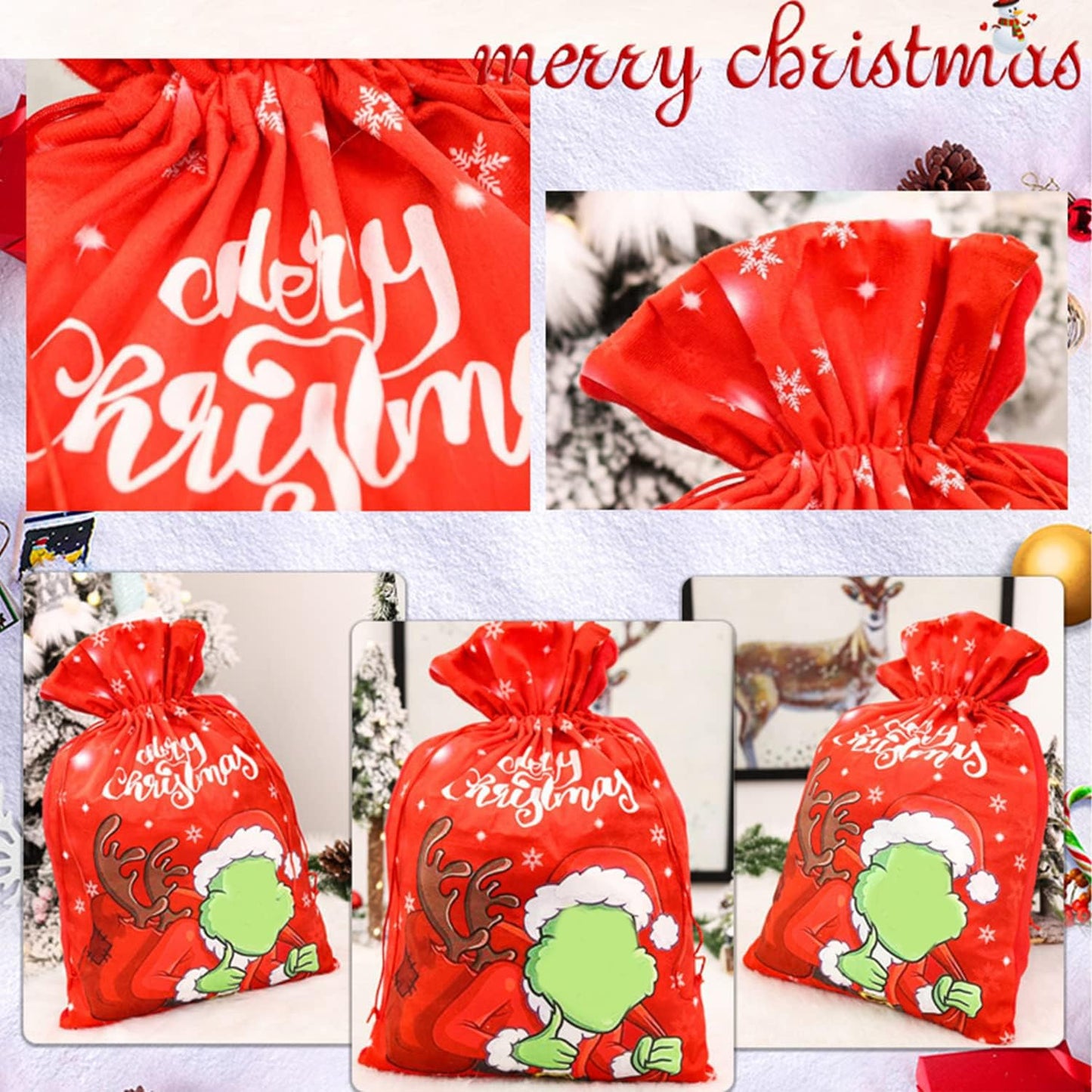 Adurself 2 Pack Christmas Santa Sack Large Canvas Gift Bag 21.6 x 14.6 Inch Reusable Christmas Santa Drawstring Gift Bag for Xmas Package Storage Holiday Party Supplies Favors