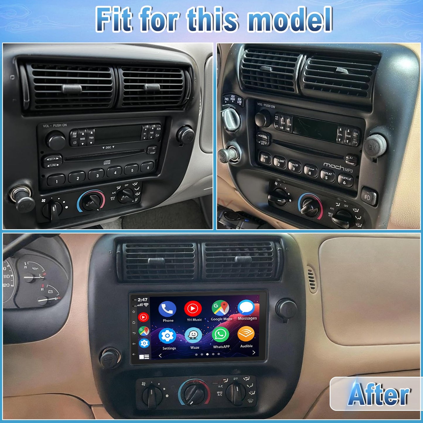 Slakerbe Android 14 Double Din Car Stereo Radio for Ford Ranger 1998-2006, 2G+32G 7" Touchscreen Car Radio w/Wireless Carplay Android Auto GPS WiFi Bluetooth RDS DSP SWC Mic Backup Camera