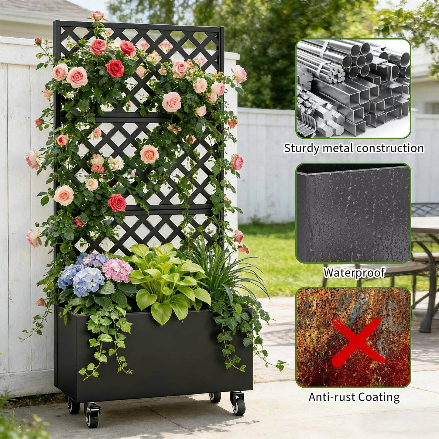 Riflevault 72" Planter Box with Trellis & Wheels, Planter Boxes Outdoor with Drainage Hole for Climbing Plants, Raised Planter with Privacy Screen, Black