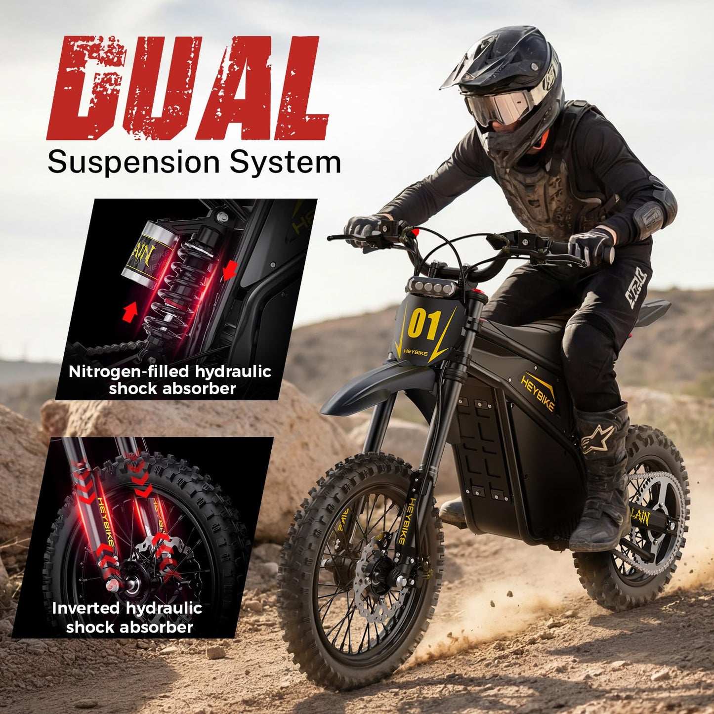 Heybike Villain Dirtbike, 14" Fat Motorcycle for Teens, Fit Age 13+（Set of 2; Dark+Yellow）