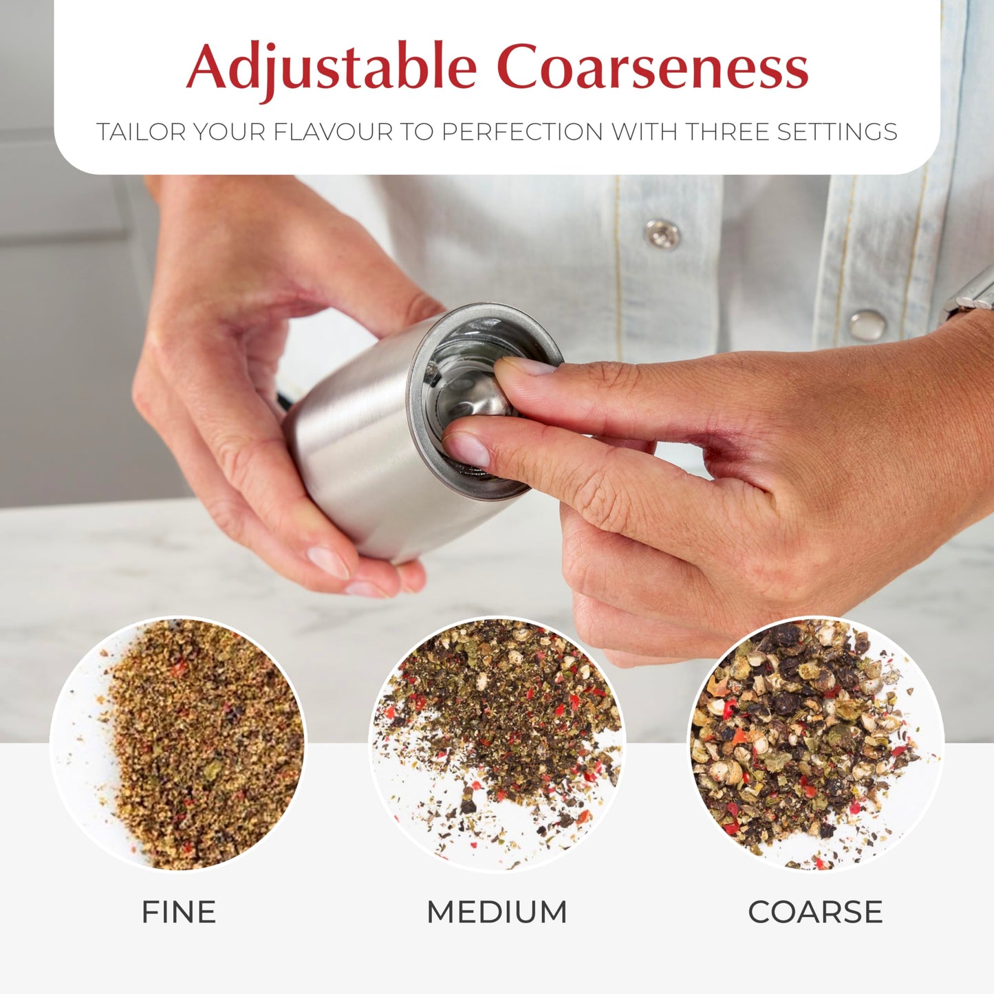 Urban Noon Gravity Salt and Pepper Grinder Set - Battery Operated Stainless Steel Mills with Light (2 Grinders) - Automatic One Handed Operation - Electric Adjustable Shakers - Ceramic Grinders