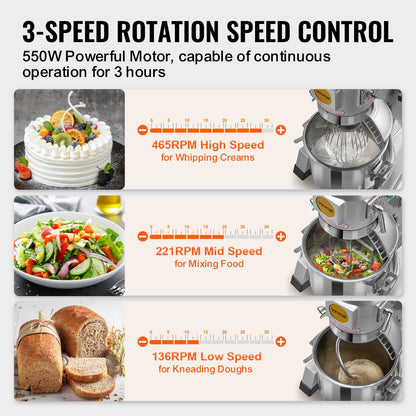 VEVOR Commercial Mixer, Commercial Food Mixer 10Qt Stainless Steel Bowl, 450W Commercial Stand Mixer with 3 Speeds Adjustable, Dough Hook Whisk Beater Included, Perfect for Bakery Pizzeria, Silver