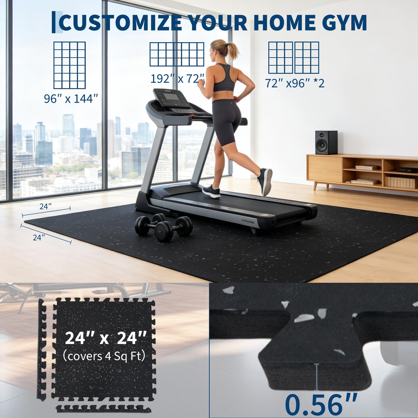 Garvee Exercise Equipment Mats 0.56" Thick 96 Sq ft Gym Flooring – 24 Tiles (24" x 24") Rubber Top with High Density EVA Foam, Interlocking Puzzle Workout Mats for Home Gym Exercise– Black/Grey