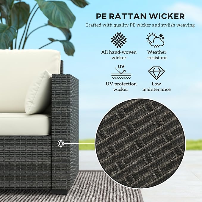 Outsunny Patio Couch PE Wicker Deep Seating Outdoor Sofa