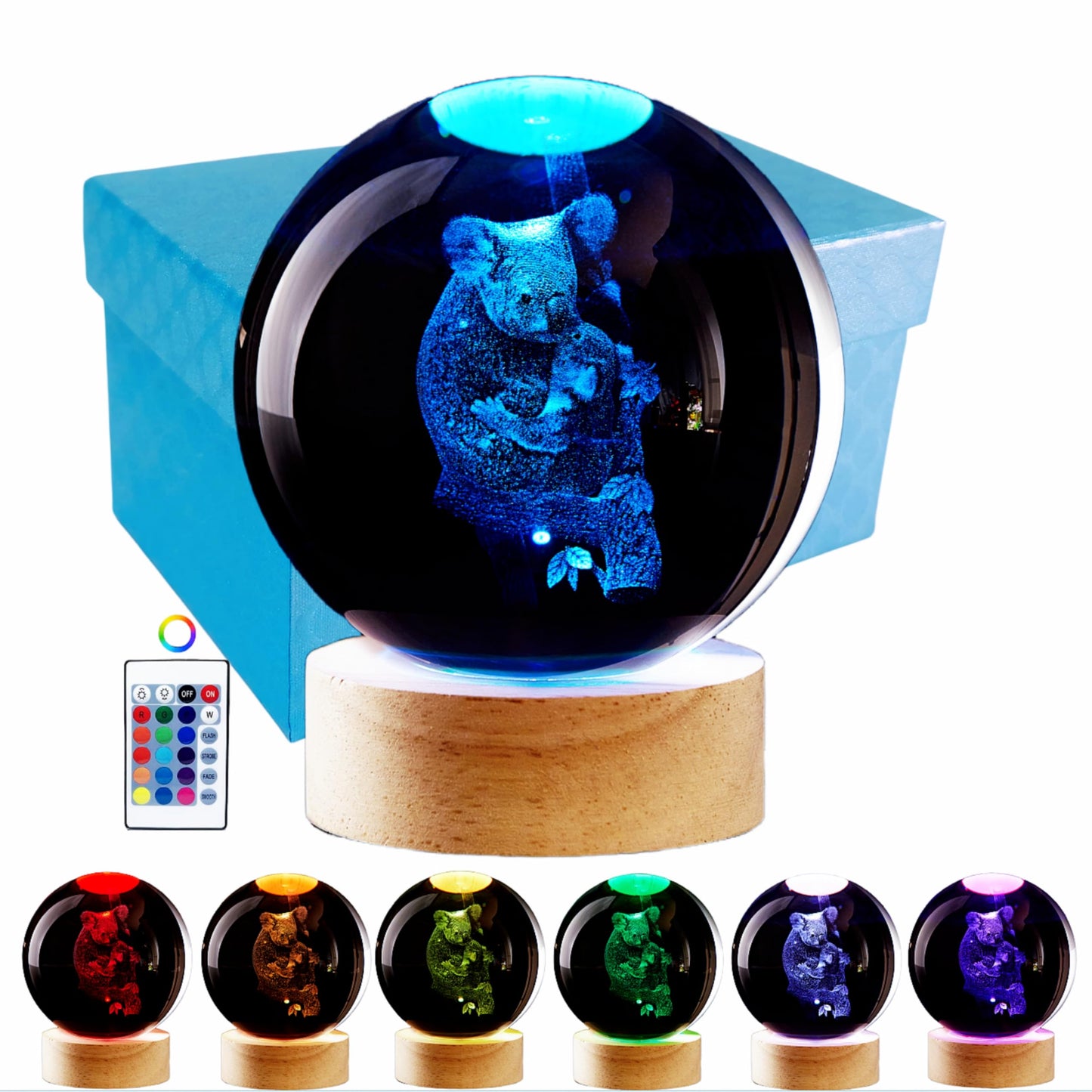 Conalisk 3D Koala Crystal Ball Lamp,Lifelike Bear Crystal Night Light,16 Colors Changing Light,Dimmable Remote Control,Desk Koala Lamp (M)