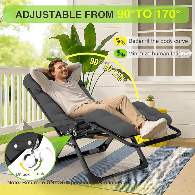 Suteck Zero Gravity Chair, Reclining Camping Lounge Chair w/Removable Cushion, Upgraded Lock and Cup Holder, Reclining Patio Chairs Folding Recliner for Indoor and Outdoor