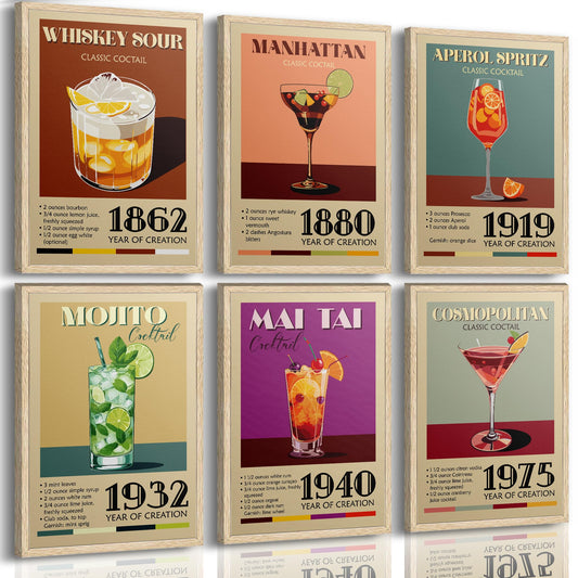 6Pcs Vintage Cocktail Poster Wall Art Bar Cart Accessories Martini Painting Picture Wall Decor Funky Alcohol Drink Aesthetic Canvas Print Artwork for Club Kitchen Preppy Apartment Home Bar Decoration