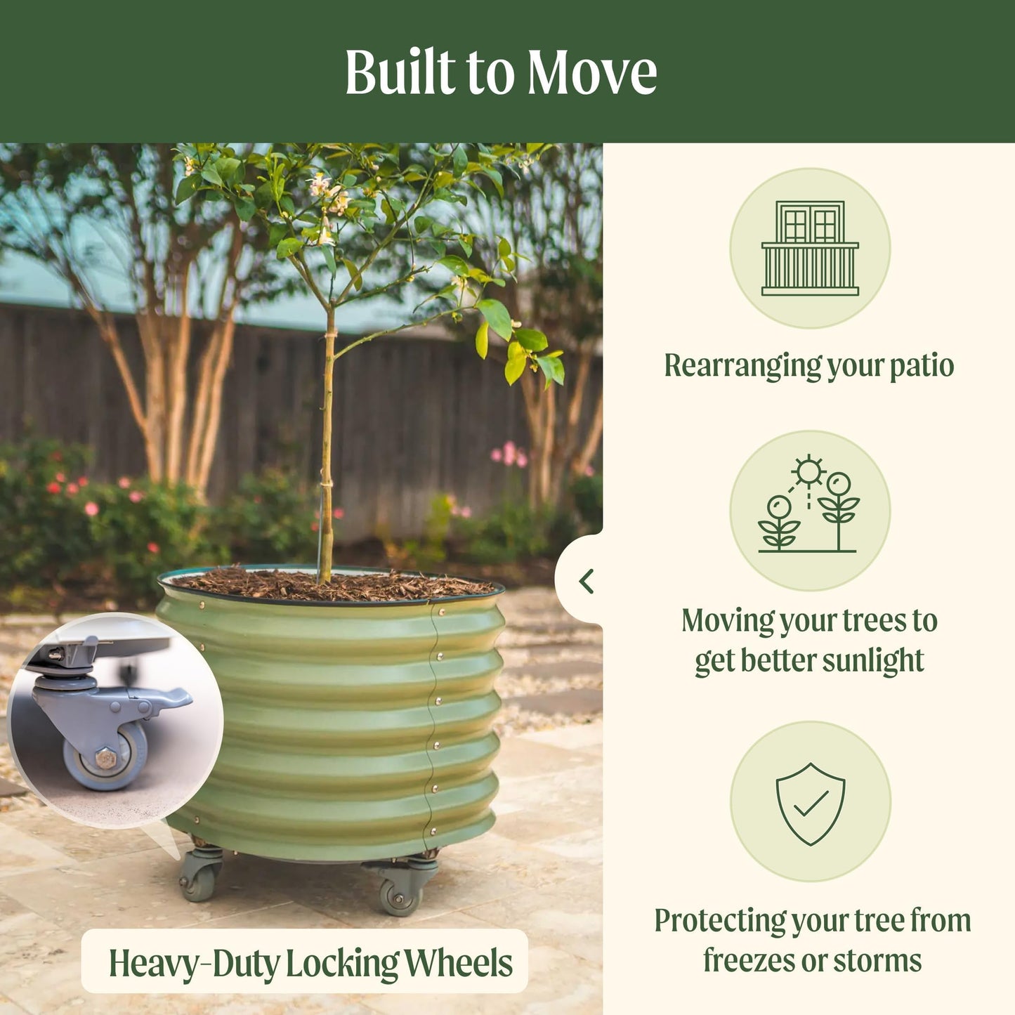 Rolling Metal Citrus Tree Planter, Self-Watering Round Large Pot for Growing Trees Tomatoes Outdoor Plants Vegetables and Flowers, Raised Garden Bed with Wheels for Porch Patio & Backyard, Olive Green