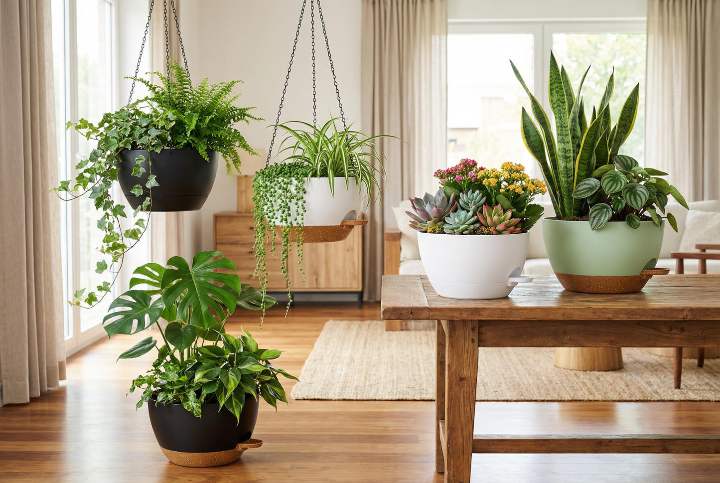 XQSHPDM Hanging Planters, 3-Pack 10 Inch Self-Watering Pots with Drainage Holes and Chains, Matte Plastic Planters for Indoor/Outdoor Plant（Black Brown）