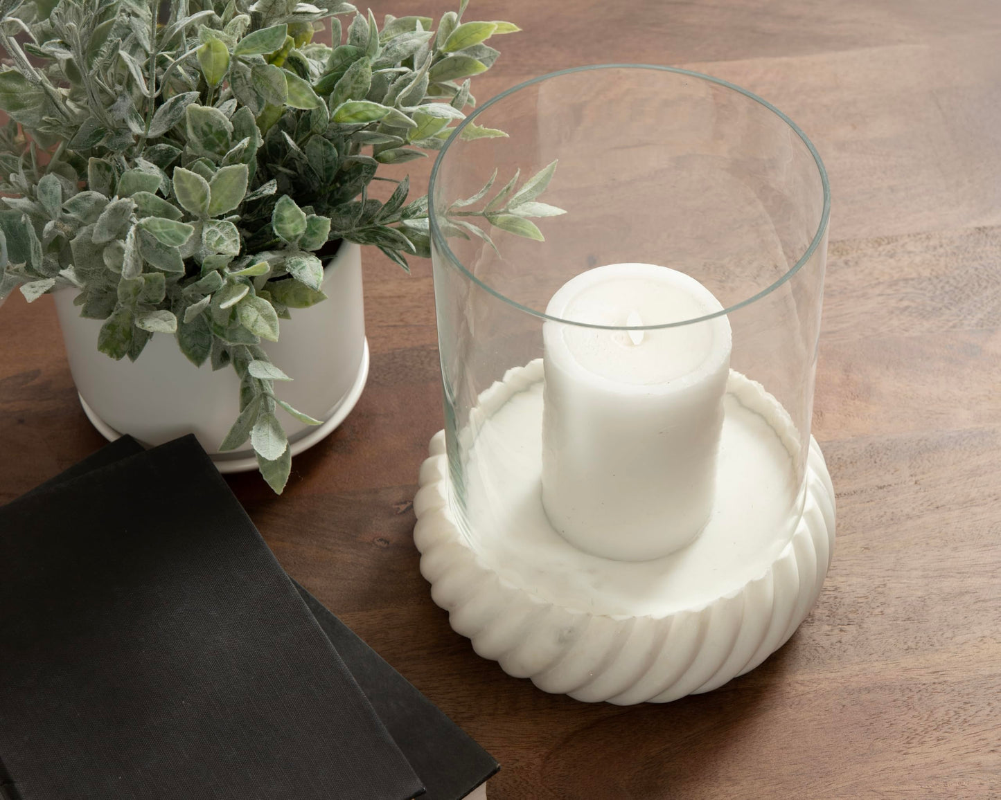 Kate and Laurel Trenza Modern Marble Candle Holder with Glass Cylinder, 8 x 8 x 9, White Marble, Transitional Twisted Base Pillar Candle Holder with Hurricane for Entryway or Living Room Decor