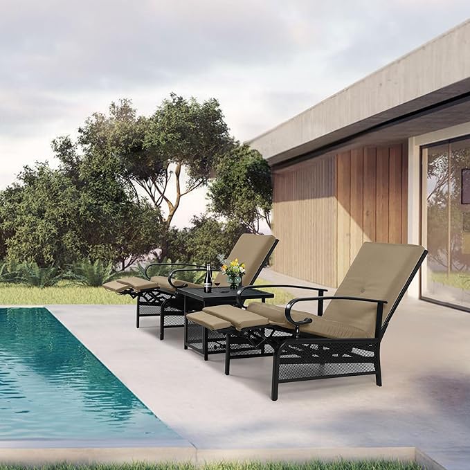 Oakcloud Adjustable Outdoor Lounge Chair Metal Patio Relaxing Recliner Chair with Removable Cushions(Brown)