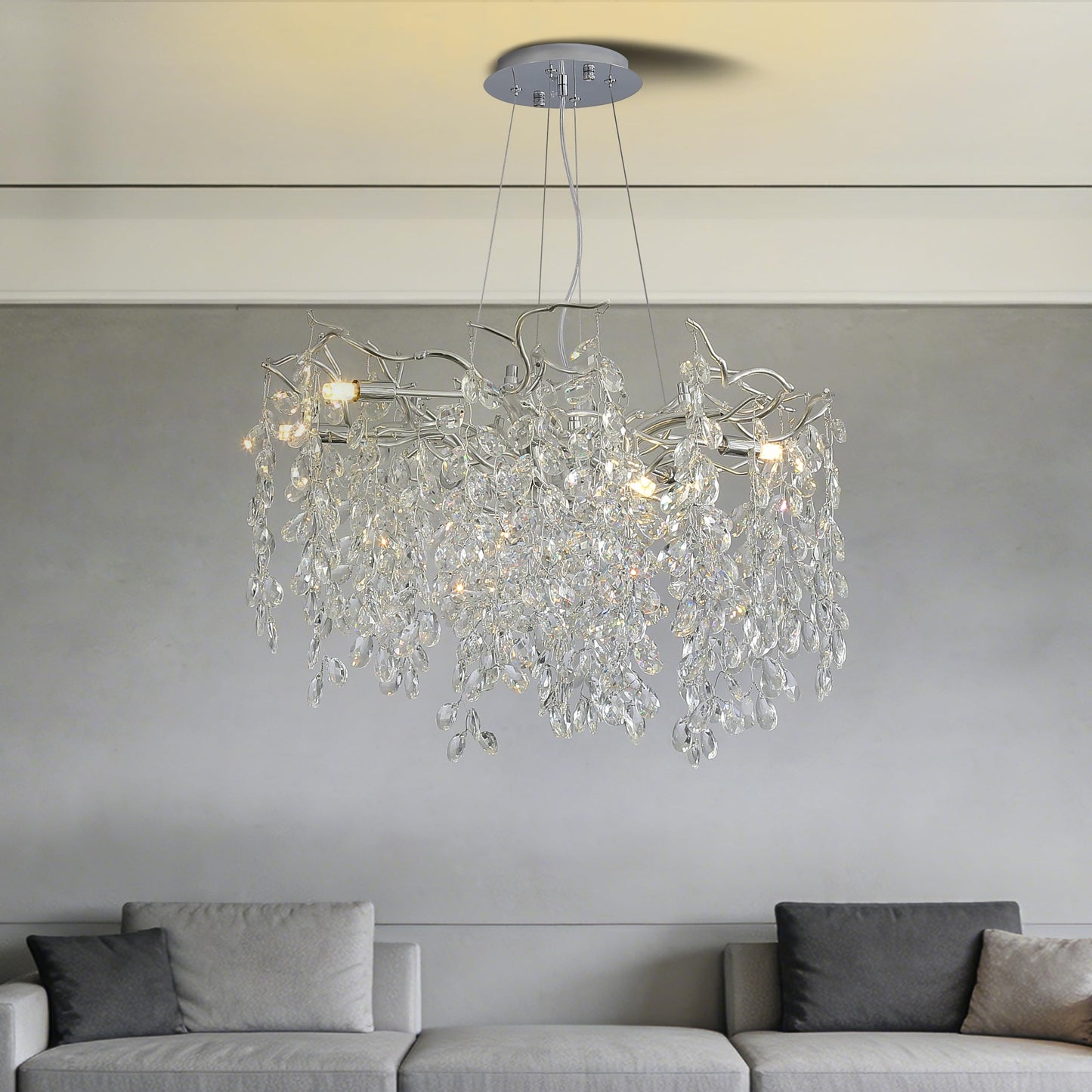 KVTOEP 24 Inch Silver Tree Branch Crystal Chandelier, 6-Light G9 Base K9 Crystal Pendant Light, Adjustable Fixture for Dining Room, Living Room & Staircase