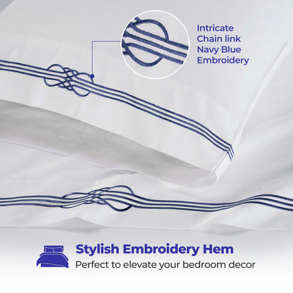Superior Embroidered Cotton Bed Sheet Set, 1 Elastic Deep Pocket Fitted Sheet, 1 Flat Sheet, 2 Pillowcases, Daily Soft Sheets, Luxury, Elegant Design, Moonlawn Collection, Queen Size, White/Navy Blue
