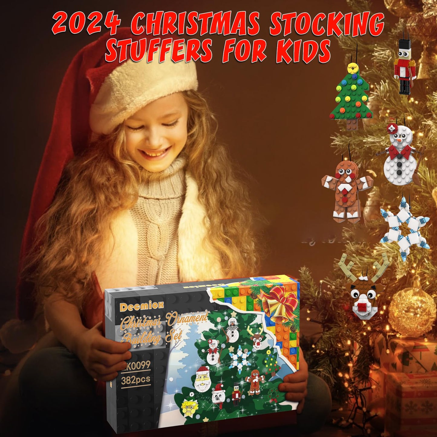 DECMIOX Christmas Ornaments Building Set, 11-in-1 Christmas Tree, Wreath, Santa, Reindeer, Gingerbread, Polar Bear, Snowflake, 2025 Xmas Holiday Stocking Stuffer Toys Gifts for Kids Boys Girls