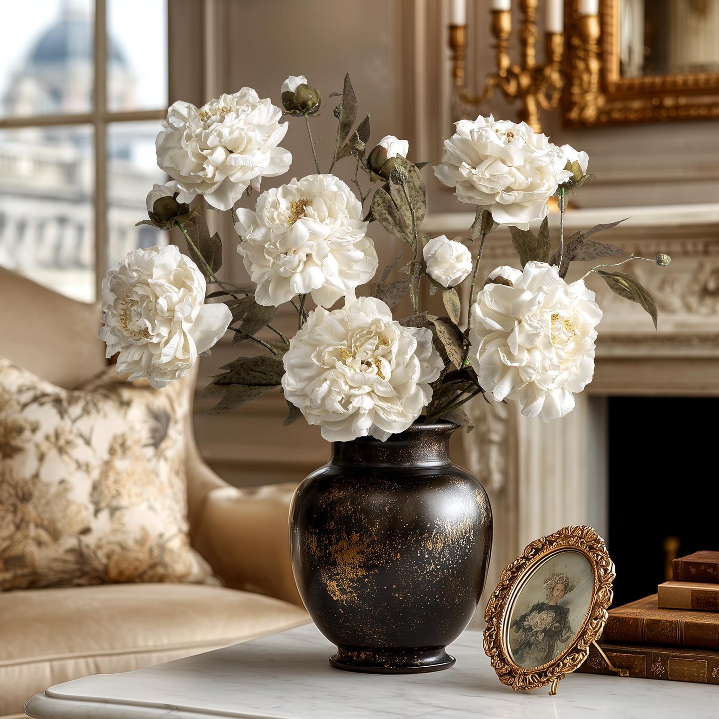 White Artificial Peony Flowers for Vase, 6 Faux Peony Stems with Large Realistic Blooms and Buds, 28.3" Long Stem Silk Peonies, Faux Flowers for Wedding Centerpieces, Living Room Table Home Decor