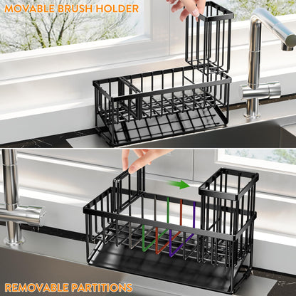 Cisily Kitchen Sink Caddy Organzier with High Brush Holder, Sponge Holder for Sink, 304 Rustproof Stainless, Kitchen Countertop Soap Dispenser Organizer, Kitchen Decor and Accessories