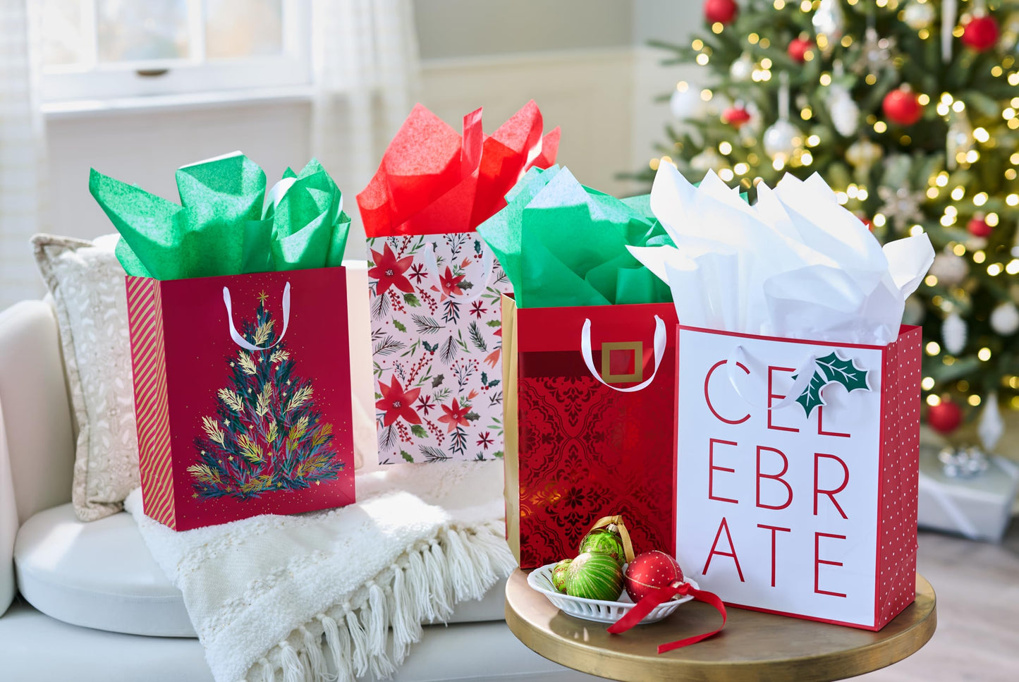 American Greetings 13" Large Christmas Gift Bags, Traditional Designs (4 Bags)