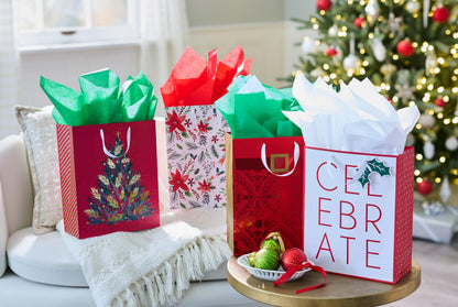 American Greetings 13" Large Christmas Gift Bags, Traditional Designs (4 Bags)