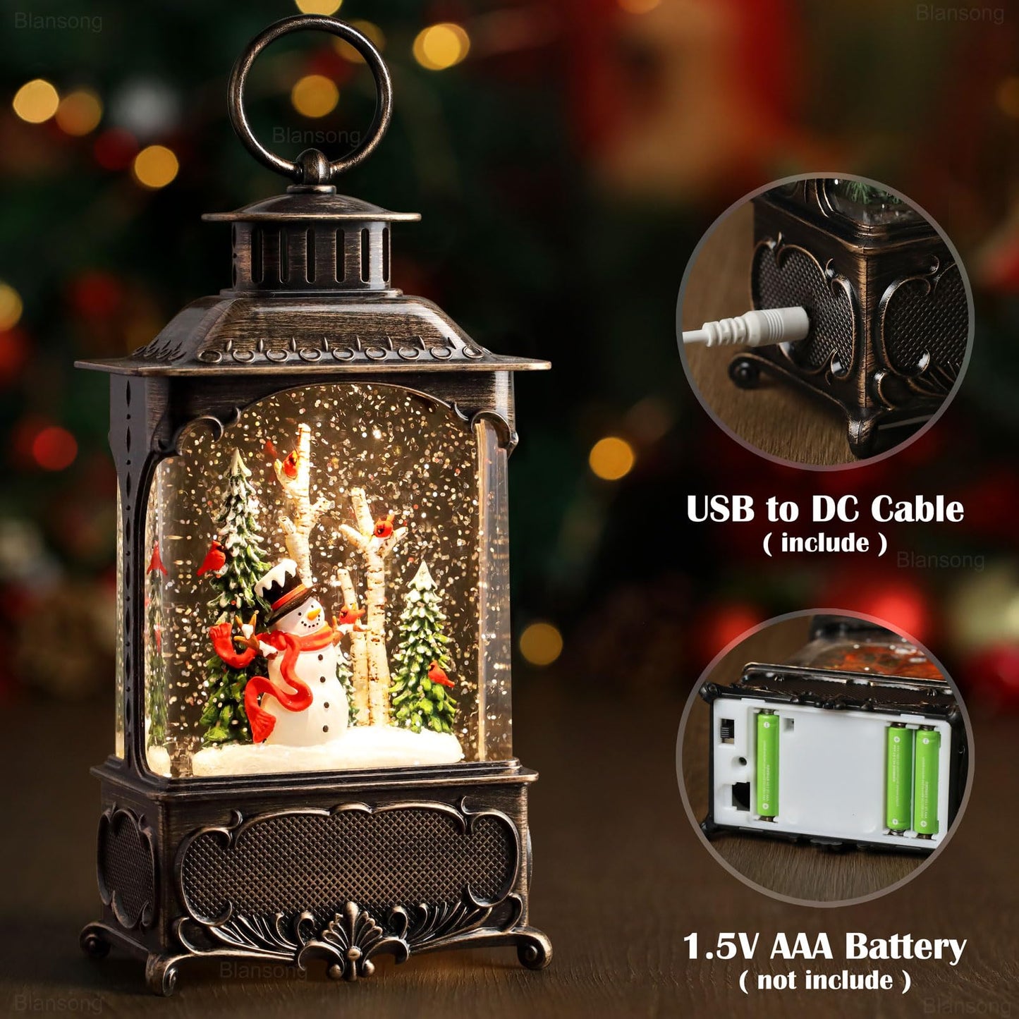 Blansong Snowman Snow Globe Lantern Christmas Decorations Gifts Auto Snowfall Glitter Music Collection Snowman Cardinal Birch Forest with 6H Timer USB/Battery Powered 10.2 inch