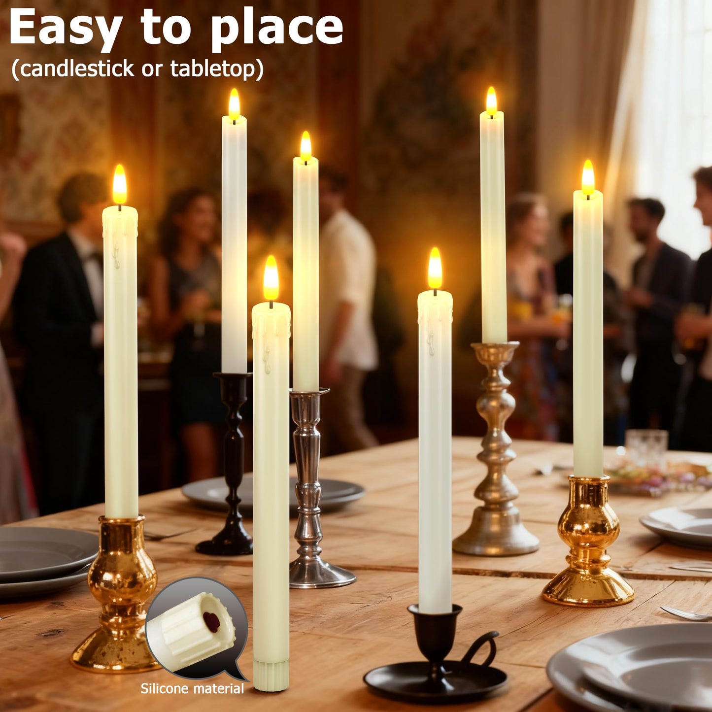 HL Flameless Taper Candles with Remote Timer, 450H+ Long Lasting Battery Operated LED Candlesticks with Warm 3D Flickering Flame, 9.6" Window Candles for Halloween Christmas Home Decor (Ivory 6Pcs)