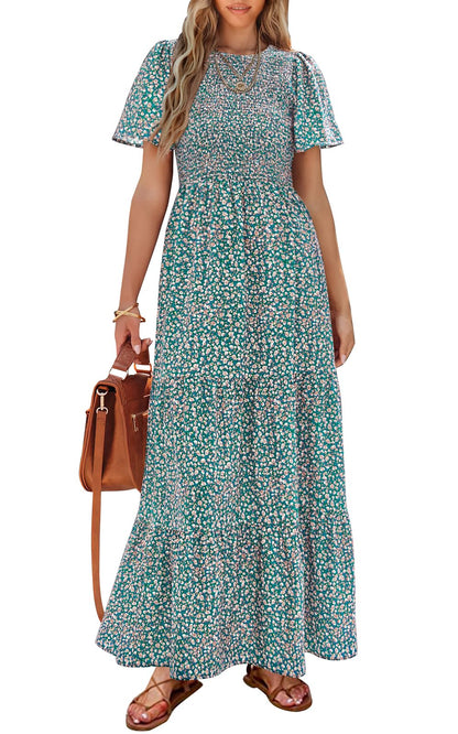 PRETTYGARDEN Women's 2025 Summer Casual Flutter Short Sleeve Boho Floral Maxi Dress Crew Neck Smocked Tiered Long Dresses