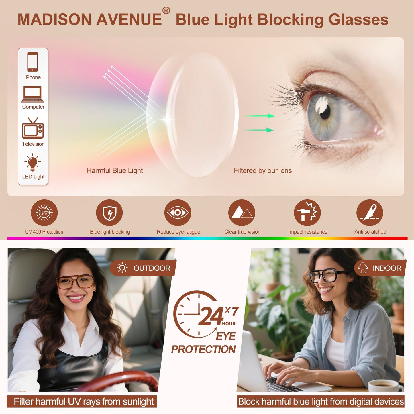 Madison Avenue Retro Aviator Blue Light Blocking Glasses for Women Men with Case, Trendy Rectangle Computer Eyeglasses Orange Demi