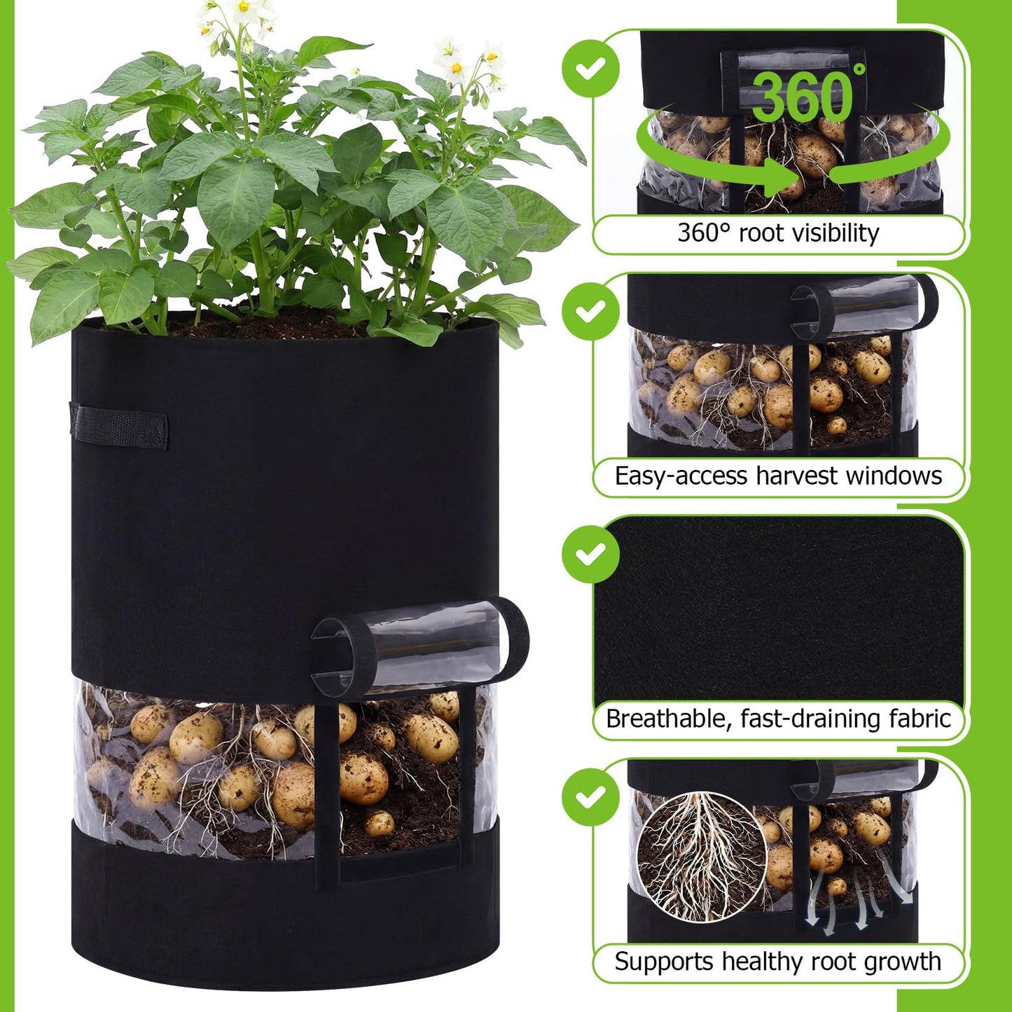 Baderke 2 Pack Visible Potato Grow Bags with Harvest Window, 360 Visibility Plant Grow Bags with Handles for Planting Potatoes, Tomatoes and Vegetables (30 Gallon,Black)
