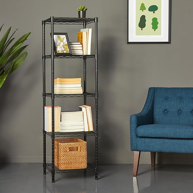 Amazon Basics 5-Shelf Tower Adjustable Storage Shelving Unit for Garage, Rust-Resistant Steel, 150 lbs Per Shelf, 16"W x 16"D x 54"H, Black