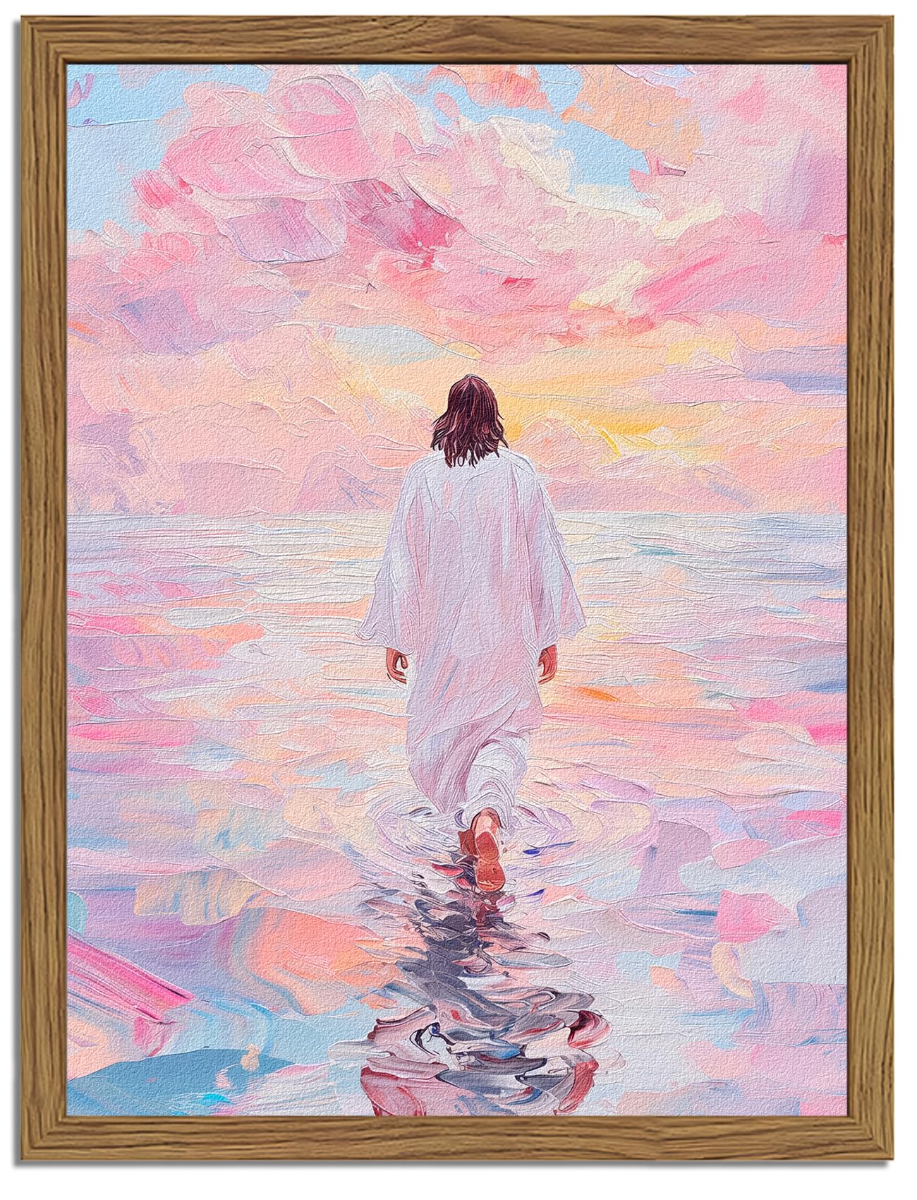 Pink Jesus Walking On Water Wall Art, Frame 3D Textured Hand Drawn Sandstone Christian Wall Decor Paintings Religious Savior Pictures for Living Prayer Room Bedroom, 12x16 in Wood Framed