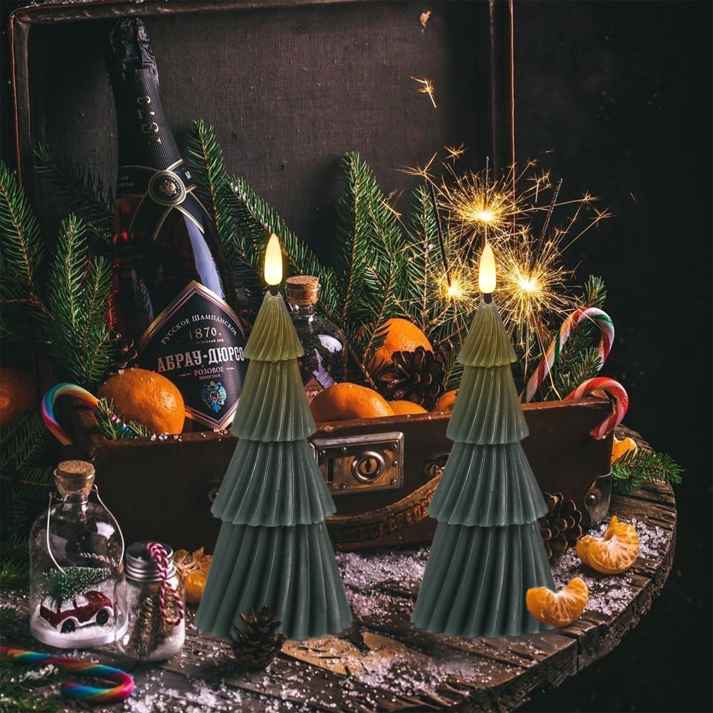 Lasumora Christmas Tree Spiral Skirt-Shaped Flameless Candles with 6H Timer, 2 Pcs Battery Operated LED Pillar Candle with Flickering 3D Wick, Green Candles for Home Décor Christmas Gifts