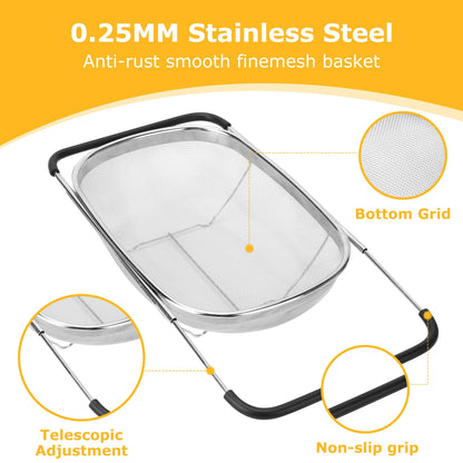 ZDRongZhen Kitchen Accessories Over the Sink Colander Strainer Basket，Stainless Steel Colander with Expandable Rubber Grip Sink Drainer-Rinse Vegetables Fruits &Strain&Drain (Large-Dense round hole)