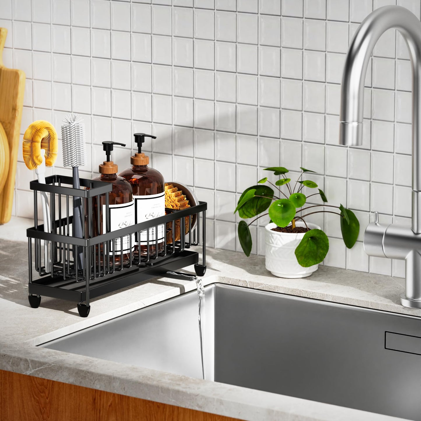 Cisily Black Sponge Holder for Kitchen Sink, Sink Caddy Organizer with High Brush Holder, Kitchen Countertop Organizers and Storage Essentials, Rustproof 304 Stainless Steel, Soap Dispenser Organize